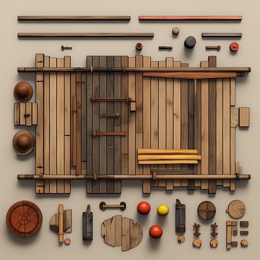 a set of game objects including a wooden board, a wooden nail and some wood planks to be nailed to the board. --ar 1:1 --v 5.2