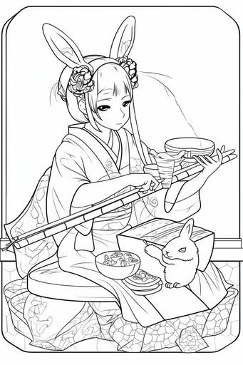 2D lineart of a rabbit girl character in Geisha costume, performing the Shamisen music on a sushi plate, Shigenori Soejima --ar 2:3 --v 5