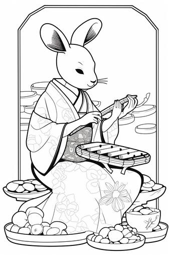 2D lineart of a rabbit girl character in Geisha costume, performing the Shamisen music on a sushi plate, Shigenori Soejima --ar 2:3 --v 5
