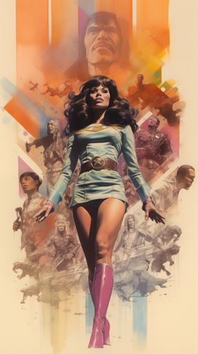 2D, pencil, hand drawn, comic art, 60s chic, sky clouds, superheroes, at least 4 people, midcentury furniture background, various ethnicities, stylesheet, men, beards hairy, women, body and face, front and side, colorful, pulp book cover, strong paper texture, magical, style: art by bill sienkiewicz, leyendecker, david mack, rockwell, wyeth --ar 9:16