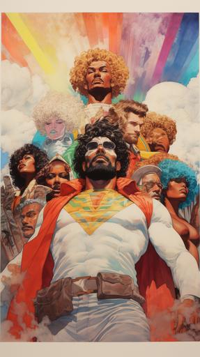 2D, pencil, hand drawn, comic art, 60s chic, sky clouds, superhero team, at least 5 people, midcentury background, various ethnicities, stylesheet, men, beards hairy, women, body and face, front and side, colorful, pulp book cover, strong paper texture, style: art by bill sienkiewicz, leyendecker, rockwell, wyeth, alex ross --ar 9:16