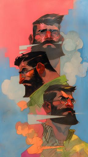 2D, pencil, hand drawn, comic art, 60s chic, sky clouds, superhero shaving in the mirror, at least 3 people, midcentury background, various ethnicities, stylesheet, men, beards hairy, women, body and face, front and side, colorful, pulp book cover, strong paper texture, magical, style: art by bill sienkiewicz, leyendecker, david mack, rockwell, wyeth --ar 9:16 --niji