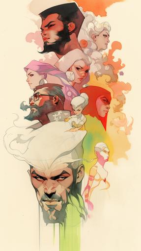 2D, pencil, hand drawn, comic art, 60s chic, superheroes, at least 4 people, various ethnicities, stylesheet, men, beards hairy, woman, body and face, front and side, colorful, pulp book cover, style: art by bill sienkiewicz, leyendecker, david mack --ar 9:16 --niji