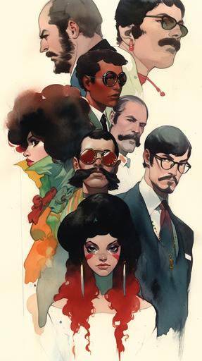 2D, pencil, hand drawn, comic art, 60s chic, superheroes, at least 4 people, various ethnicities, stylesheet, men, beards hairy, woman, body and face, front and side, colorful, pulp book cover, style: art by bill sienkiewicz, leyendecker, david mack --ar 9:16 --niji