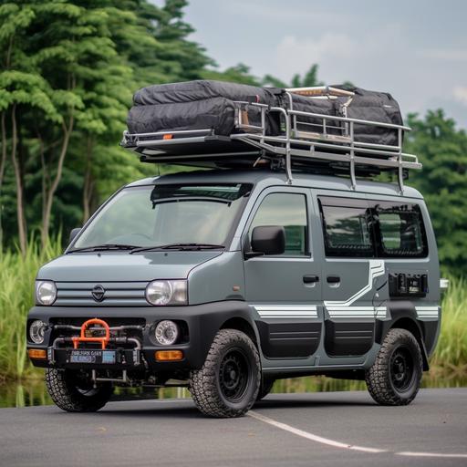 2D photo daihatsu hijet s85, grey color, dark tint, lowerd body, sport rim enkei, registeration plate number JCV1582, roof rack with ladder