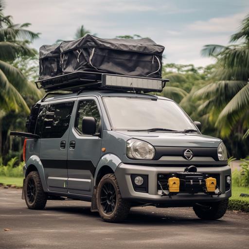 2D photo daihatsu hijet s85, grey color, dark tint, lowerd body, sport rim enkei, registeration plate number JCV1582, roof rack with ladder