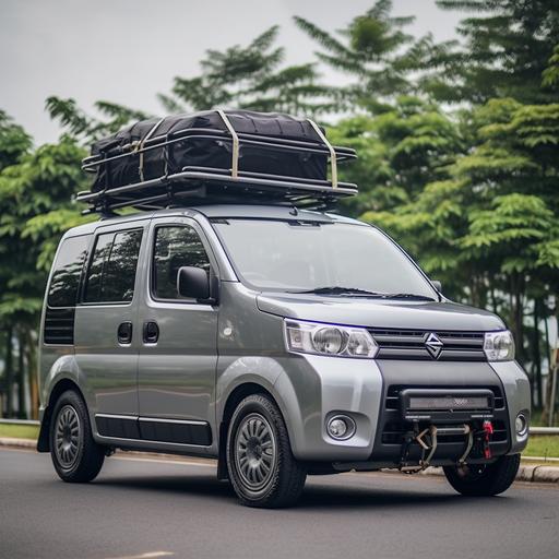 2D photo daihatsu hijet s85, grey color, dark tint, lowerd body, sport rim enkei, registeration plate number JCV1582, roof rack with ladder