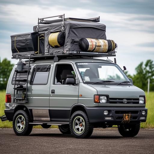 2D photo daihatsu hijet s85, grey color, dark tint, lowerd body, sport rim enkei, registeration plate number JCV1582, roof rack with ladder