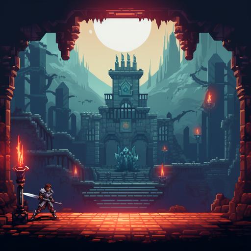 2D pixel game art style, game screen, knight with a shiled and sword running through a dungeon, monster infront, 2 UI buttons at the bottom of the screen, one button with a sword, one with a shield