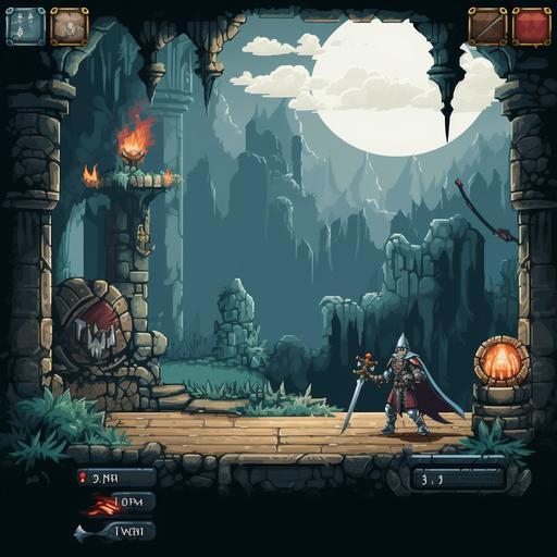 2D pixel game art style, game screen, knight with a shiled and sword running through a dungeon, monster infront, 2 UI buttons at the bottom of the screen, one button with a sword, one with a shield