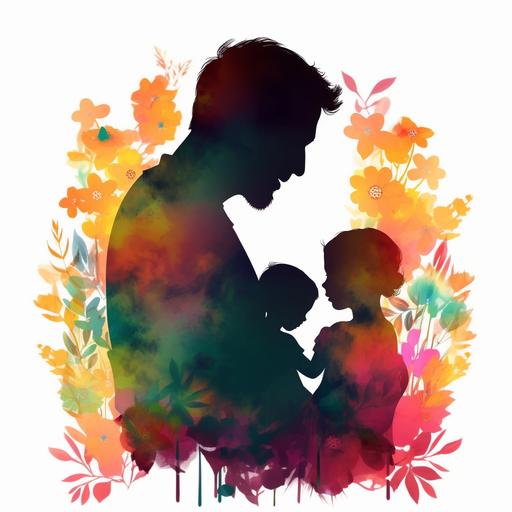 2D silhouette of a father and a child hugging each other drawn for father's day, colorful flowers decorated with flowers on the edges