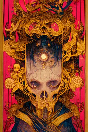 2D vector neon pink paper + the Witch of Death reaper + symetrical + skull + golden ratio + elements + gold + blue + teal + neon pink + gem encrusted skull + baroque + baroque + silver + ink + tarot card with ornate border framee