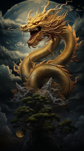 [2ba3628cf] Chinese dragon with golden scales, far round body, teeth and claws, looking straight ahead, roaring, the sky has a moon, mythical beasts in ancient Chinese mythology, Shan Hai Jing, by shan ze .tree.Cloud and mist,moon,traditional chinese colour.cinematic light,intricate details --v 5.2 --ar 9:16 --c 0