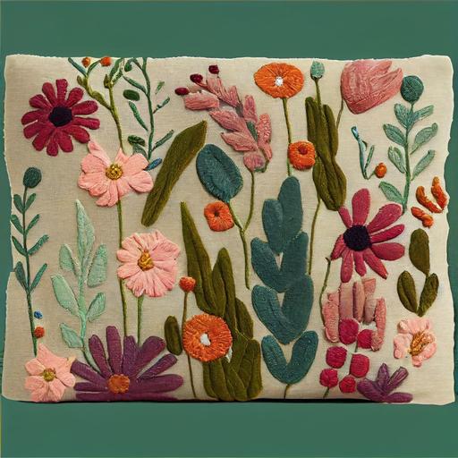, vintage hand embroidered flowers leaves pillowcase, clustered embroidery, USE SAME PATTERN AND COLOURS LIKE THE PICTURE ATTACHED, DULLISH COLOURED EMBROIDERY, --upbeta --ar 1:1 --v 4 --q 2