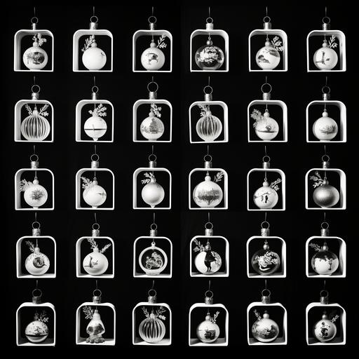 2d, Black and White, 60's Christmas ornament, Contact sheet --v 5.2 --s 50