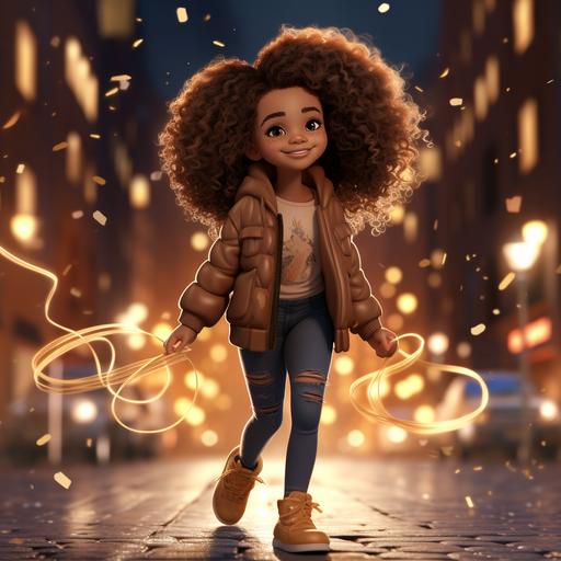 2d Disney pixar dream like illustration african american little girl , jeans and sparkly shoes, caramel color skin, mid length afro hair the color of sable , high detail , character sheet