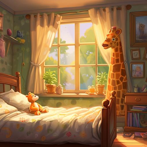 2d Disney pixar dreamy Illustration of a little girls beautiful girly bed room with a brown teddy bed on the bed high define- multiple angles sun shining through the window toy giraffes on the dresser