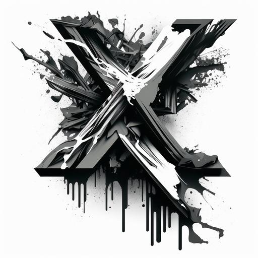 2d abstract graffiti shape of an X, partially breaking apart, vector style, sharp and angular, done in back and white ink.