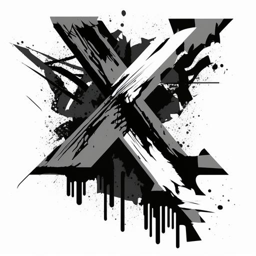 2d abstract graffiti shape of an X, partially breaking apart, vector style, done in back and white ink.