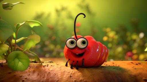 2d animation, personality: Scene shifts to Catterpillar starting her journey. She's tiny, making even small leaves seem vast. The scene is filled with vibrant colors as she encounters different foods. it comes across a bright red apple. it nibbles on it, its face showing an expression of pure delight. Cami: Yum! What a splendid taste! unreal engine, hyper real --v 5.2 --ar 16:9