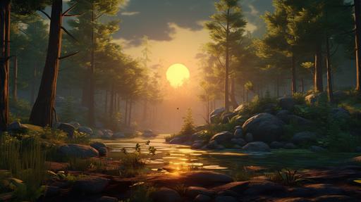 2d animation, personality: film opens with a lush, vibrant forest. The sunrise is just beginning to light up the horizon, casting a soft, golden glow on everything. We zoom in on a small, peculiar egg resting on a leaf. unreal engine, hyper real --v 5.2 --ar 16:9