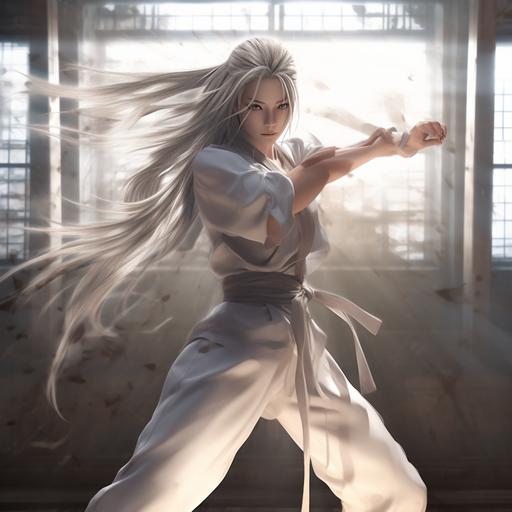 2d anime, full body shot of beautiful martial artist woman strikes an action pose of fighting style wears monochromatic silver gi, daylight peers in through dojo doors, inspired by anime art, she is sweating and out of breath, her physique is fit and slender, she has long long long long long long silver hair in a single braid braid braid braid and silver eyes, around her neck is a dainty silver necklace with a bejeweled raven pendant --q 0.25