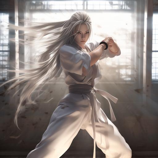 2d anime, full body shot of beautiful martial artist woman strikes an action pose of fighting style wears monochromatic silver gi, daylight peers in through dojo doors, inspired by anime art, she is sweating and out of breath, her physique is fit and slender, she has long long long long long long silver hair in a single braid braid braid braid and silver eyes, around her neck is a dainty silver necklace with a bejeweled raven pendant