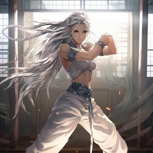 2d anime, full body shot of beautiful martial artist woman strikes an action pose of fighting tiger style wears monochromatic silver gi, daylight peers in through dojo doors, inspired by anime art, she is sweating and out of breath, her physique is fit and slender, she has long long long long long long silver hair in a single braid braid braid braid and silver eyes, around her neck is a dainty silver necklace with a bejeweled raven pendant