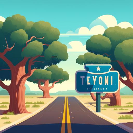 2d cartoon background of trees and highway with a welcome to texas welcome sign