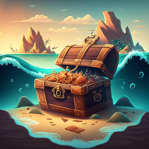 2d cartoon of treasure chest floating on the sea