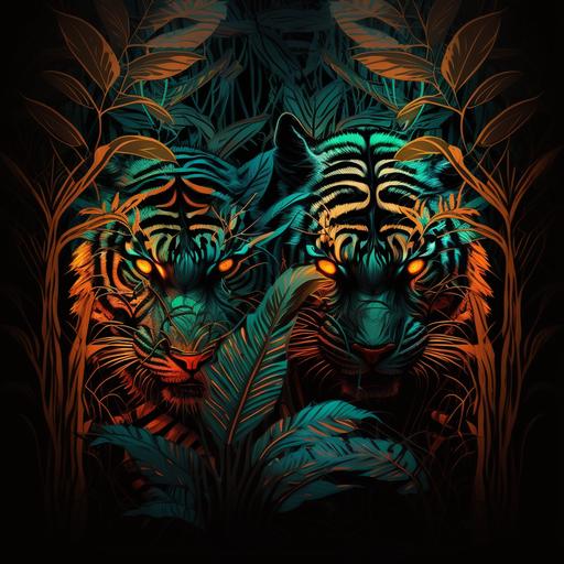 2d cartoon vivid, insane mean scary angry tigers hidden in dark jungle, glowing eyes