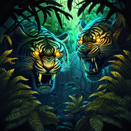 2d cartoon vivid, insane mean scary angry tigers hidden in dark jungle, glowing eyes