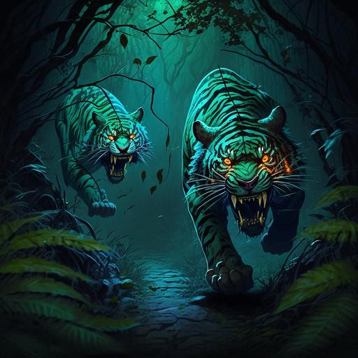2d cartoon vivid, insane mean scary angry tigers running in dark jungle, glowing eyes
