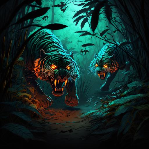 2d cartoon vivid, insane mean scary angry tigers running in dark jungle, glowing eyes
