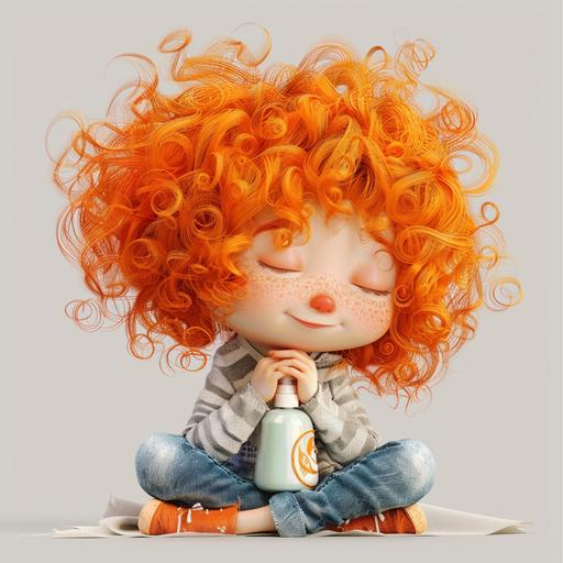 2d character child curly orange hair, small holding a shampoo bottle, illustration, playful, happy