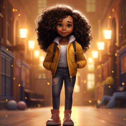 2d disney pixar dreamy Illustration of a eautiful african american little girl with long curly hair , she has very black skin,she has dimples in her cheeks , jeans and sparkly shoes, high define , character sheet