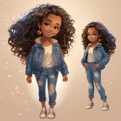 2d disney pixar dreamy Illustration of a eautiful african american little girl with long curly hair , she has very black skin,she has dimples in her cheeks , jeans and sparkly shoes, high define , character sheet