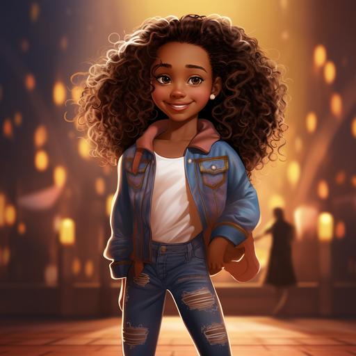 2d disney pixar dreamy Illustration of a eautiful african american little girl with long curly hair , she has silky dark skin,she has dimples in her cheeks , jeans and sparkly shoes, high define , character sheet