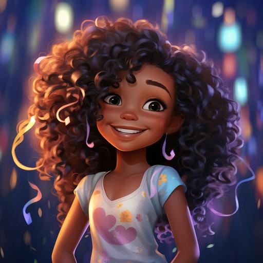 2d disney pixar dreamy Illustration of a eautiful african american little girl with long curly hair , she has very black skin,she has dimples in her cheeks , fun and full of joy jeans and sparkly shoes, high define , character sheet