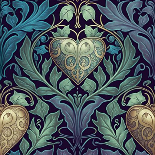2d flat Bradbury and Bradbury and William Morris Seamless Wallpaper, crystal hearts, Floral, Garden, leaves, shimmering, Art Nouveau Wallpaper Designs, symmetrical, smooth, shaded, watercolor paper