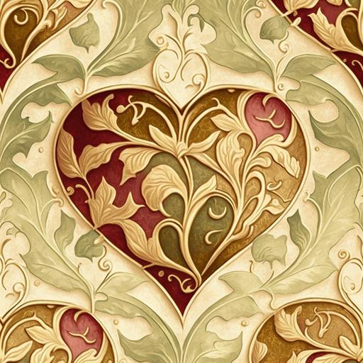 2d flat Bradbury and Bradbury and William Morris Seamless Wallpaper, crystal hearts, Floral, Garden, leaves, shimmering, Art Nouveau Wallpaper Designs, red, gold, cream, symmetrical, smooth, shaded, watercolor, paper, stained plaster textured background