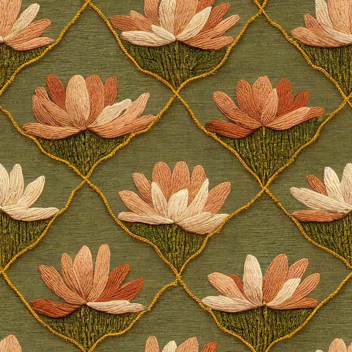 2d flat half drop wallpaper, organic hand embroidered style lotus on pond with dragonflies repeating pattern, finely hand stitched with silk threads, detailed with Miyuki glass seed beads, on raw silk textured cloth, 