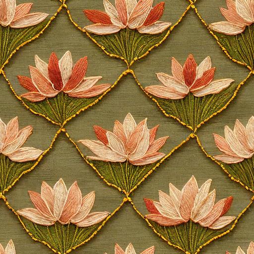 2d flat half drop wallpaper, organic hand embroidered style lotus on pond with dragonflies repeating pattern, finely hand stitched with silk threads, detailed with Miyuki glass seed beads, on raw silk textured cloth, 
