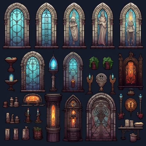 make 2d game resources, consistent imagery, elements that make up the church, make it a sprite sheet, Stained glass, ground, ceiling, chandelier, praying stone statue, curtain, altar, candle