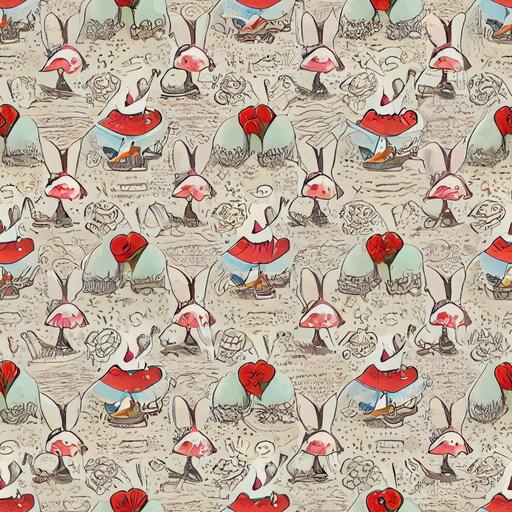 2d half drop Alice in Wonderland children's wallpaper, a stunningly beautiful repeating pattern, wonderland-core Alice-core, style of Ming Doyle and Matt Ryan, Heavily drawn lines, brushed inks, color ink, expressive detailed faces, comic illustration, woodless color pencils, red and white roses, flamingos, rabbit, Alice, Madhatter, croquet --tile --upbeta --v 3