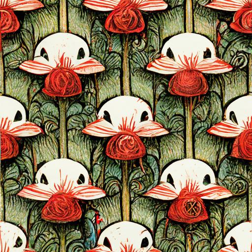 2d half drop Alice in Wonderland children's wallpaper, a stunningly beautiful repeating pattern, wonderland-core Alice-core, style of Ming Doyle and Matt Ryan, Heavily drawn lines, brushed inks, color ink, expressive detailed faces, comic illustration, woodless color pencils, red and white roses, flamingos, rabbit, Alice, Madhatter, croquet --tile --v 3