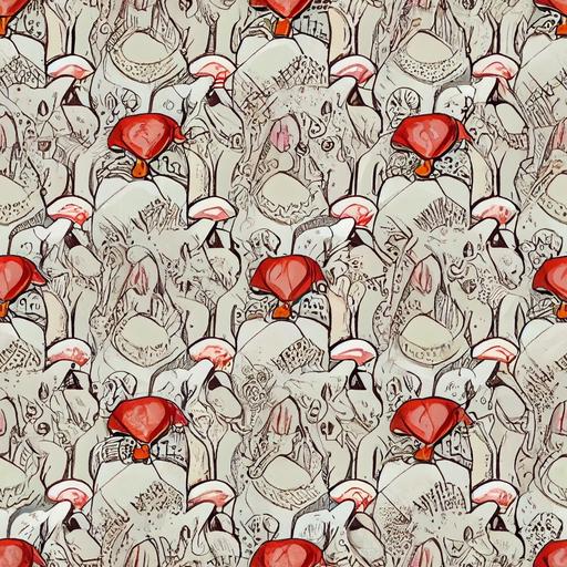 2d half drop Alice in Wonderland children's wallpaper, a stunningly beautiful repeating pattern, wonderland-core Alice-core, style of Ming Doyle and Matt Ryan, Heavily drawn lines, brushed inks, color ink, expressive detailed faces, comic illustration, woodless color pencils, red and white roses, flamingos, rabbit, Alice, Madhatter, croquet --tile --upbeta --v 3