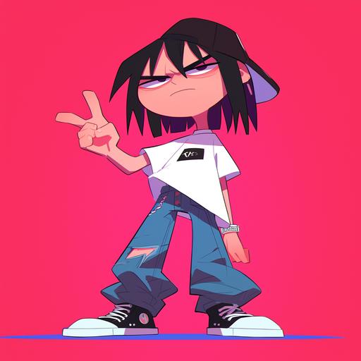 2d hiphop boy character,very simple, mischievous mad face ,Fly high, animation 'the power puff girl' style, white t-shirts, black long hair, SD chracter, vector graphics, minimalistic,small body ,full shot,Blue jeans, chromakey,No glasses --niji 6