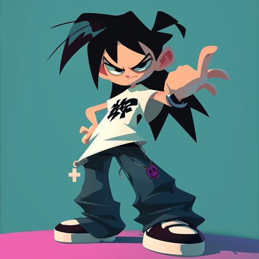 2d hiphop boy character,very simple, mischievous mad face ,Fly high, animation 'the power puff girl' style, white t-shirts, black hair,very long hair, SD chracter, vector graphics, minimalistic,small body ,full shot,Blue jeans, chromakey,No glasses --niji 6