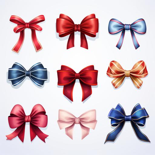 2d illustration, gift ribbons, bows, different angles, white background